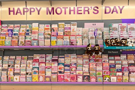 Photo for Alameda, CA - April 18, 2022: Store shelves with Various designs of Mother's Day cards for sale. A celebration honoring the mother of the family or individual, as well as motherhood in society. - Royalty Free Image