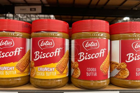 Photo for Oakland, CA - July 1, 2022: Grocery store shelf with Lotus brand Biscoff creamy and crunchy cookie butter spreads. - Royalty Free Image