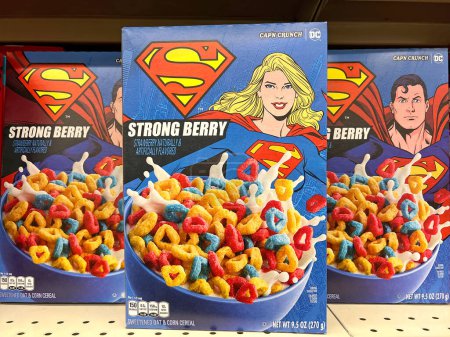 Photo for Alameda, CA - Aug 27, 2022: Grocery store shelf with boxes of Captain Crunch super hero edition cereal with Super man and Super girl, manufactured by Quaker Oats. - Royalty Free Image