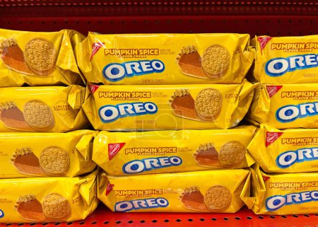 Photo for Alameda, CA - Sept 15, 2022: Grocery store shelves with packages Holiday Edition packages of OREO brand pumpkin creme filled cookies for sale. - Royalty Free Image