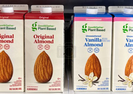 Photo for Alameda, CA - Oct 11, 2022: Grocery store shelf with cartons of Good and Gather brand Original and Vanilla flavored Almond milk. - Royalty Free Image
