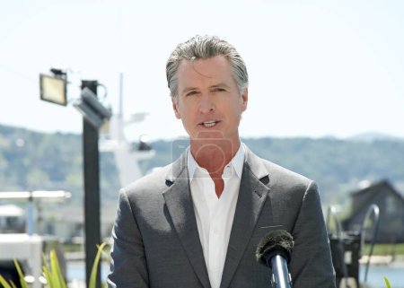 Photo for Larkspur, CA - April 16, 2024: Governor Gavin Newsom speaking at a Press Event announcing a climate partnership between California and Norway, a commitment to international climate collaboration - Royalty Free Image