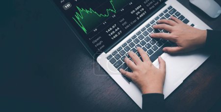 Woman using laptop with planning and strategy, Stock market, Business growth down, Concept of financial crisis, echnical price graph and indicator, red candlestick chart with analyzing forex trading.