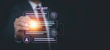 Geschäftsmann Hand berühren Chat bot Chat mit KI, Künstliche Intelligenz, System Künstliche Intelligenz ein Chatbot mit künstlicher Intelligenz, Digitaler Chatbot, Roboteranwendung, Gespräch 
