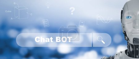 KI Roboter Humanoide mit Chat Bot Chat mit KI, Künstliche Intelligenz, System Künstliche Intelligenz ein Chatbot mit künstlicher Intelligenz, Digitaler Chatbot, Roboteranwendung, Gespräch, Suche  