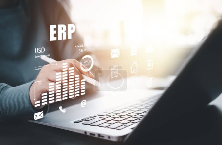 Photo for Business people using a laptop with document management for ERP. Enterprise resource planning concept,Enterprise Resource Management ERP software system for business resources plan presented. - Royalty Free Image