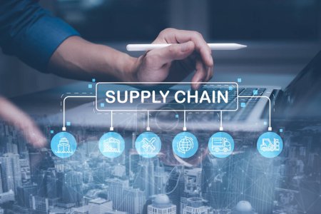 Supply Chain Management Konzept Transport und Logistik Lieferanten, Import Export und Transportindustrie. Wachstum beim Netzwerkvertrieb. Containerschiffe und LKWs der Industriefracht für die Schifffahrt. 
