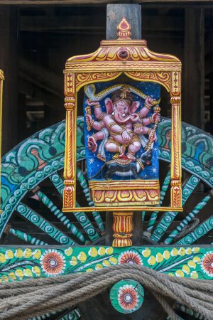 Photo for 07 24 2007 Wooden craft showing God Goddess sculpture on Wooden Cart for Rath Yatra Orissa India Asia. - Royalty Free Image