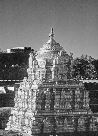 Foto de 03 04 2019 Vintage foto en blanco y negro de Gopuram chapado en oro, Sanctum Sanctorum, Sri Venkateswara Swamy Vaari Temple, Venkateswara Temple, Tirumala, Tirupati, Chittoor, Andhra Pradesh, India, Asia - Imagen libre de derechos