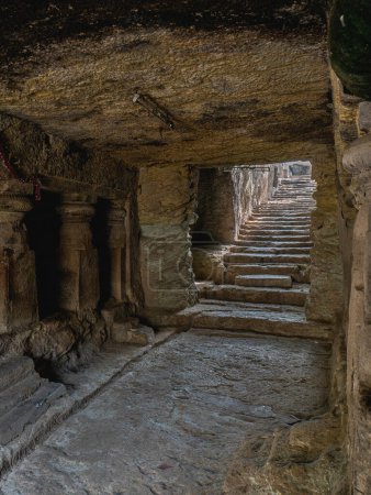 31 Mar 2019 steps coming in Jogeshwari rock-cut cave, East Entrance. Mumbai, Maharashtra, INDIA