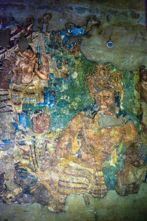 08 19 2008 Vintage Old Vajrapani paintings fresco Ajanta Cuevas Patrimonio de la Humanidad por la UNESCO Aurangabad oficialmente conocido como Chhatrapati Sambhaji Nagar Maharashtra India Asia.