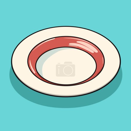 A white plate with a red rim on a blue background