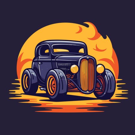 Ilustración de Un coche anticuado con llamas en el fondo - Imagen libre de derechos