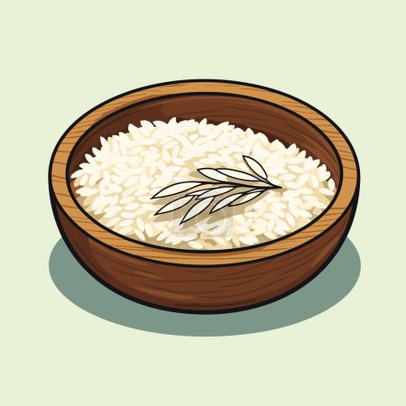 Illustration for A wooden bowl filled with rice and a sprig of rosemary - Royalty Free Image