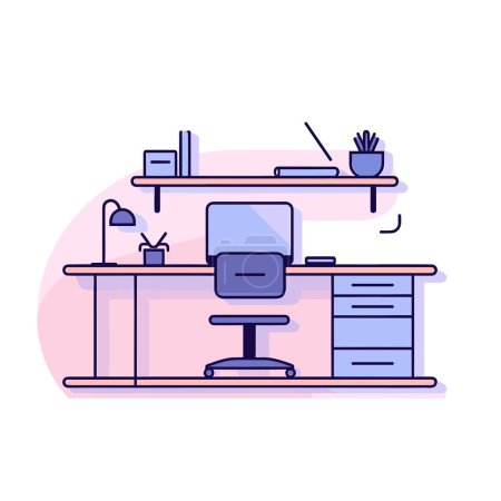 Illustration for A desk with a chair and a computer on it - Royalty Free Image