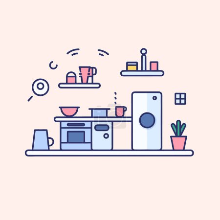Ilustración de Una cocina con nevera y estantes llenos de platos - Imagen libre de derechos