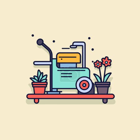 Illustration for A green lawn mower sitting next to a potted plant - Royalty Free Image