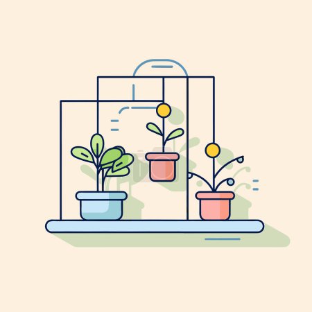 Téléchargez les illustrations : Trois plantes en pot assises sur une étagère devant une fenêtre - en licence libre de droit