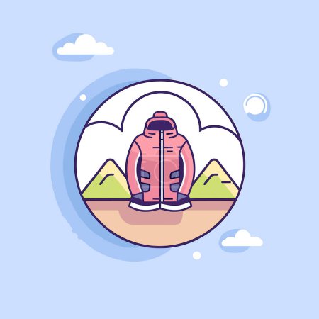 Ilustración de Una persona con una chaqueta rosa con montañas en el fondo - Imagen libre de derechos