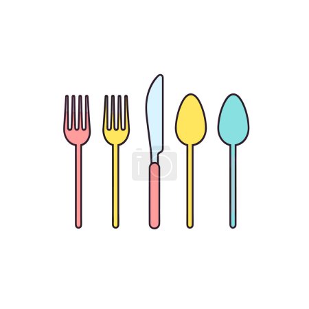 Téléchargez les illustrations : Une ligne de fourchettes et cuillères de différentes couleurs - en licence libre de droit