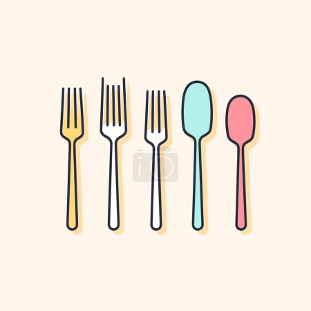 Téléchargez les illustrations : Un groupe de fourchettes et cuillères de différentes couleurs - en licence libre de droit
