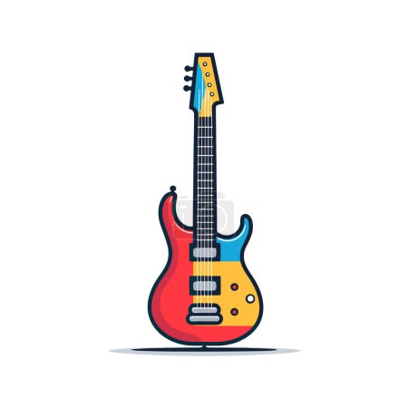 Une guitare rouge avec un cou jaune et un cou bleu