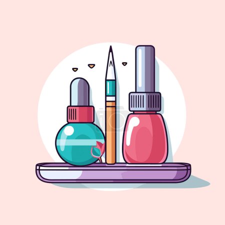 Illustration for A tray with a bottle of lipstick and a bottle of eyeliners - Royalty Free Image