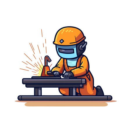Ilustración de Una persona en un mono naranja soldando un pedazo de metal - Imagen libre de derechos