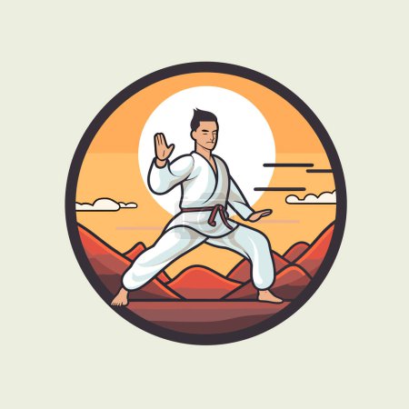 Illustration for A man in a karate stance with mountains in the background - Royalty Free Image