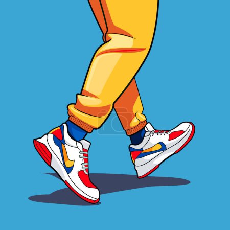 A person in yellow pants and sneakers walking