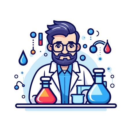 Ilustración de Un hombre con una bata de laboratorio sosteniendo un pico y frascos - Imagen libre de derechos