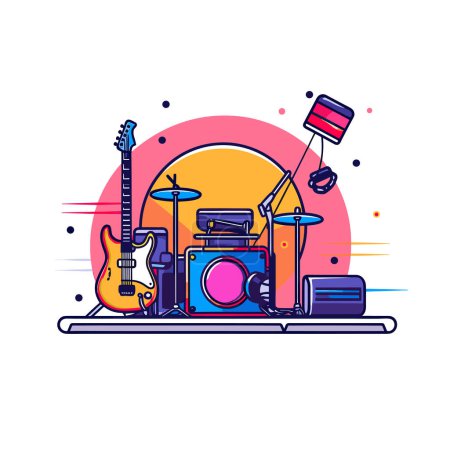 A guitar, drums, and other musical instruments