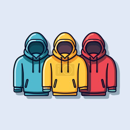 Ilustración de Un grupo de tres sudaderas con capucha de diferentes colores - Imagen libre de derechos