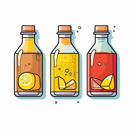 Ilustración de Tres botellas llenas de diferentes tipos de bebidas - Imagen libre de derechos