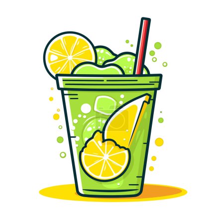 Illustration for A green drink with lemon slices and a straw - Royalty Free Image