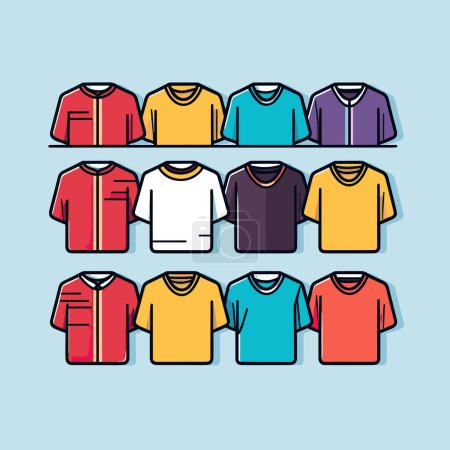 Téléchargez les illustrations : Un tas de chemises de différentes couleurs accrochées à un mur - en licence libre de droit
