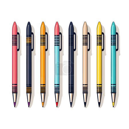 Téléchargez les illustrations : Une rangée de stylos de différentes couleurs assis à côté de l'autre - en licence libre de droit