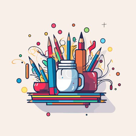 Ilustración de Un montón de lápices y un frasco en un estante - Imagen libre de derechos