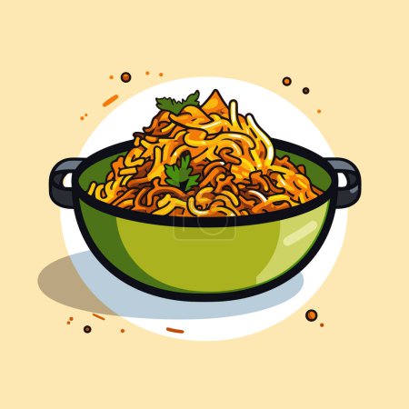Illustration for A green bowl filled with noodles on top of a table - Royalty Free Image