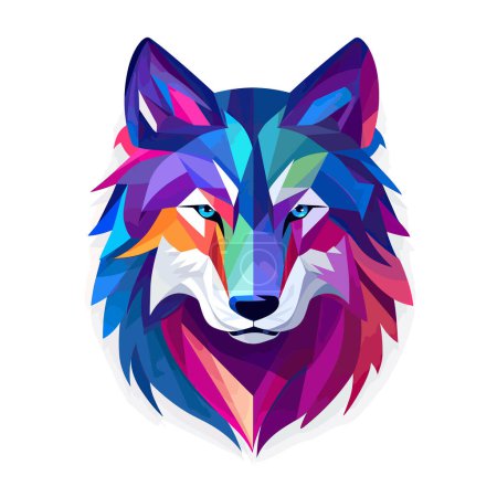 Téléchargez les illustrations : Une tête de loup colorée aux yeux bleus - en licence libre de droit