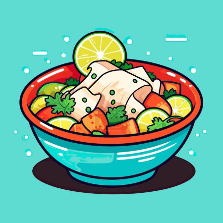 Illustration for A bowl of food with a lemon slice on top of it - Royalty Free Image