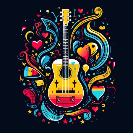 Illustration for A colorful guitar with hearts and stars around it - Royalty Free Image