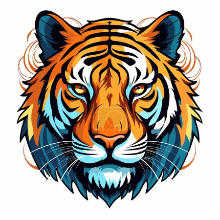 A tigers head with a blue and orange background