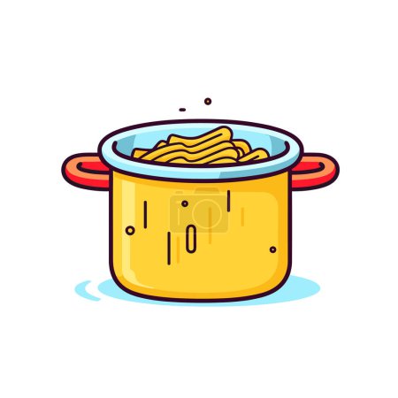 Illustration for A yellow pot filled with pasta on top of a table - Royalty Free Image