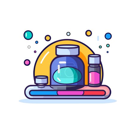 Illustration for A bottle of liquid sitting on top of a pile of books - Royalty Free Image
