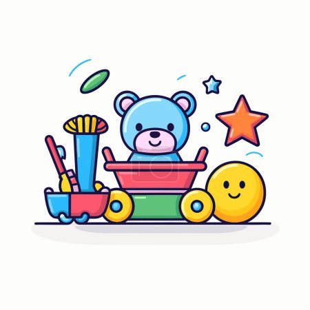 Téléchargez les illustrations : Un ours en peluche assis sur un tas de jouets - en licence libre de droit
