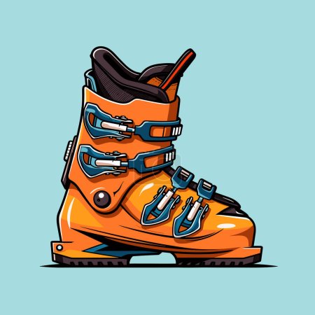 Ilustración de Un par de botas de esquí naranja sobre fondo azul - Imagen libre de derechos