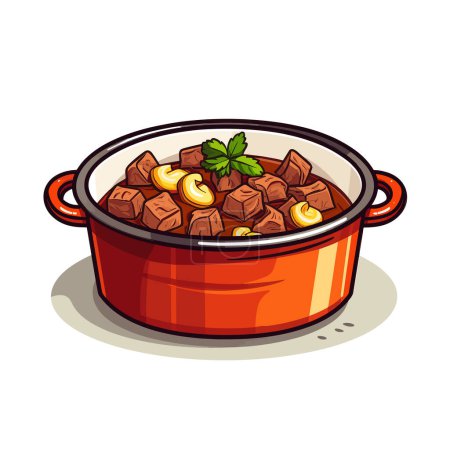 A red pot filled with food and a green leaf on top of it