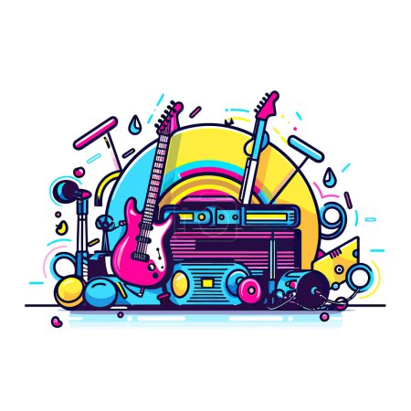 A guitar, a boombox, and other musical instruments