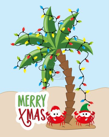 Illustration pour Joyeux Noël - drôle de carte de vœux de dessin animé. Crabes dans l'île et palmier avec des lumières de Noël. Bon pour saluer crad, affiche, carte postale d'étiquette, et autre décoration pour Noël. - image libre de droit